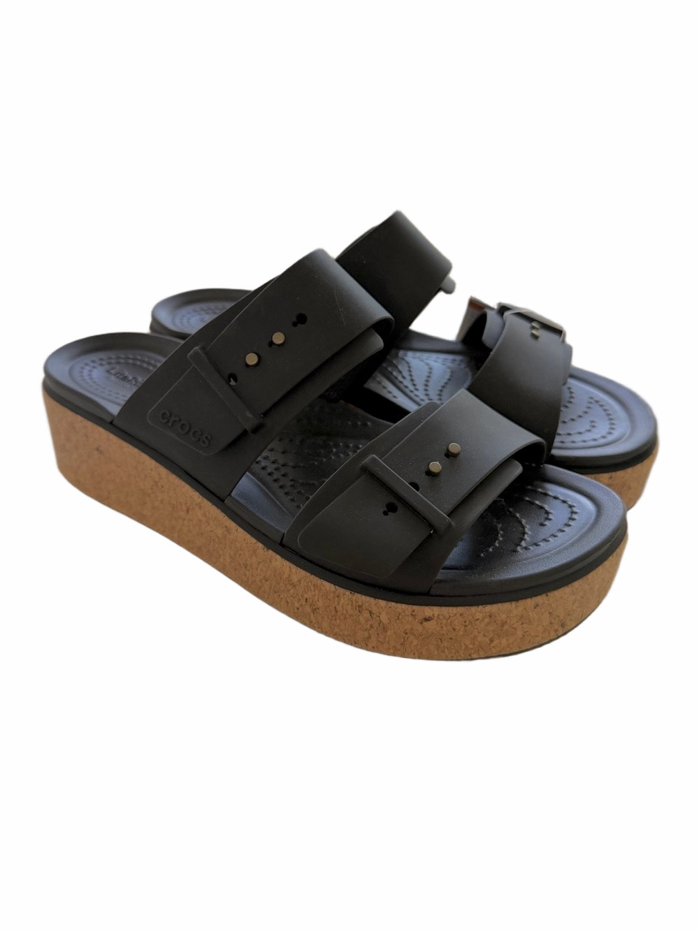 NEW Crocs Brooklyn Cork Buckle Low
Wedge Sandal Black Tan Size 8 NWT